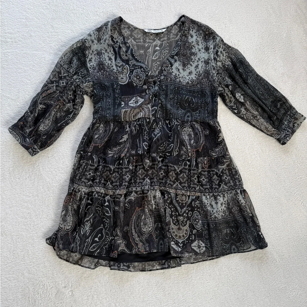 ZARA Boho Paisley Tiered Mini Dress Size M Sheer Long Sleeve Babydoll Tunic - Picture 2 of 16